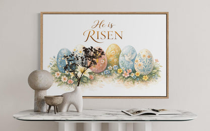 He Is Risen Wall Art – Christian Canvas Print with Cross and Floral Easter Decor