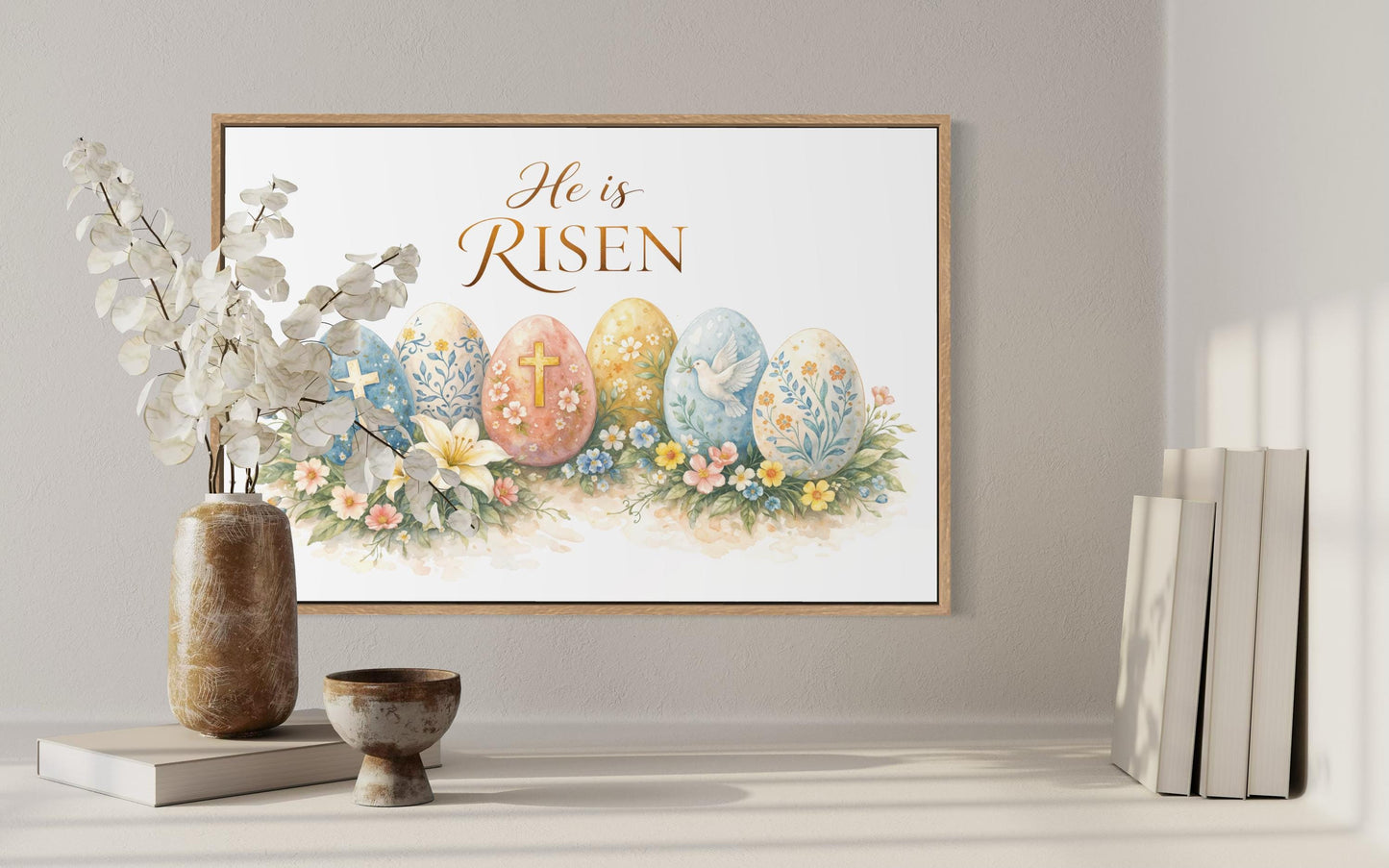 He Is Risen Wall Art – Christian Canvas Print with Cross and Floral Easter Decor
