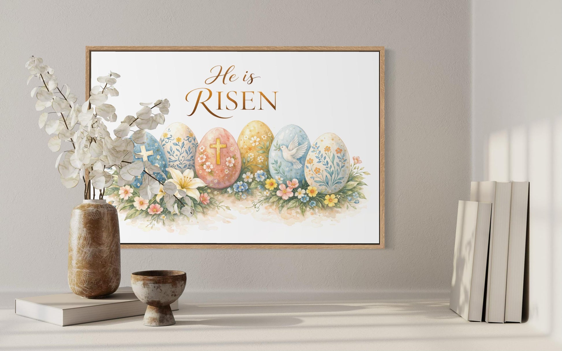 He Is Risen Wall Art – Christian Canvas Print with Cross and Floral Easter Decor