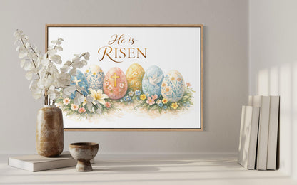 He Is Risen Wall Art – Christian Canvas Print with Cross and Floral Easter Decor