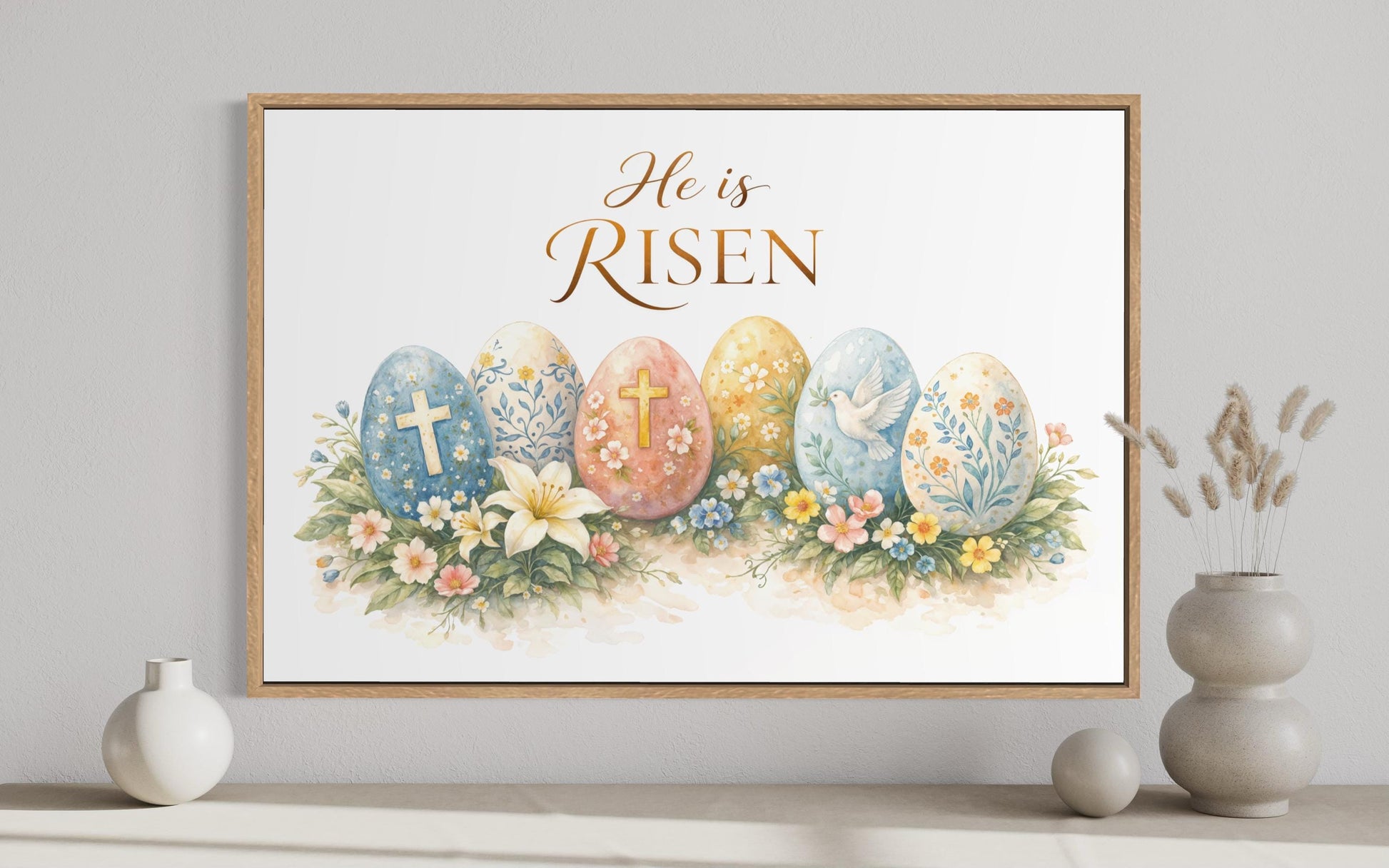 He Is Risen Wall Art – Christian Canvas Print with Cross and Floral Easter Decor