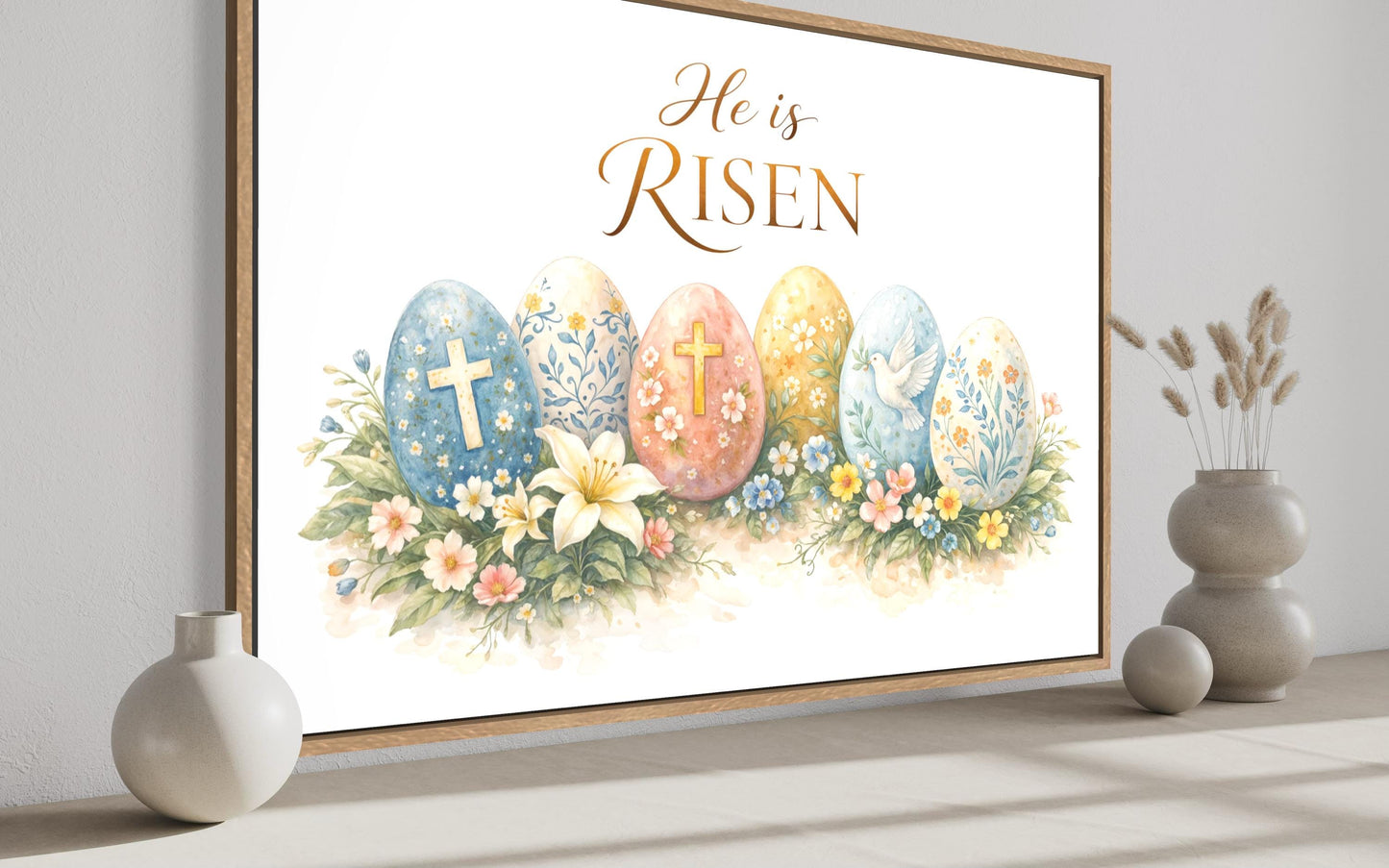 He Is Risen Wall Art – Christian Canvas Print with Cross and Floral Easter Decor