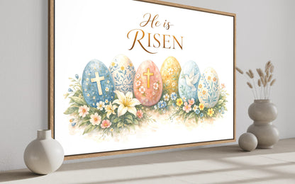 He Is Risen Wall Art – Christian Canvas Print with Cross and Floral Easter Decor