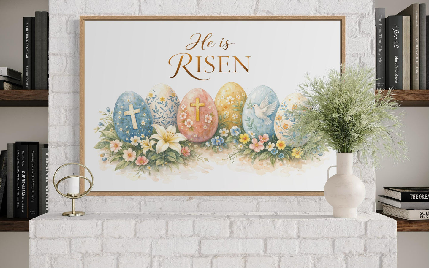 He Is Risen Wall Art – Christian Canvas Print with Cross and Floral Easter Decor
