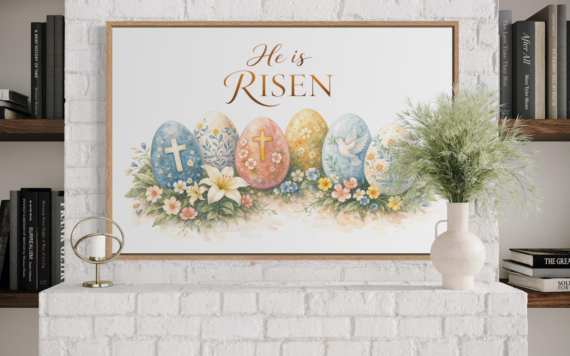 He Is Risen Wall Art – Christian Canvas Print with Cross and Floral Easter Decor