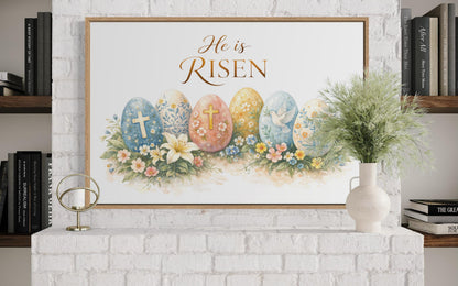 He Is Risen Wall Art – Christian Canvas Print with Cross and Floral Easter Decor