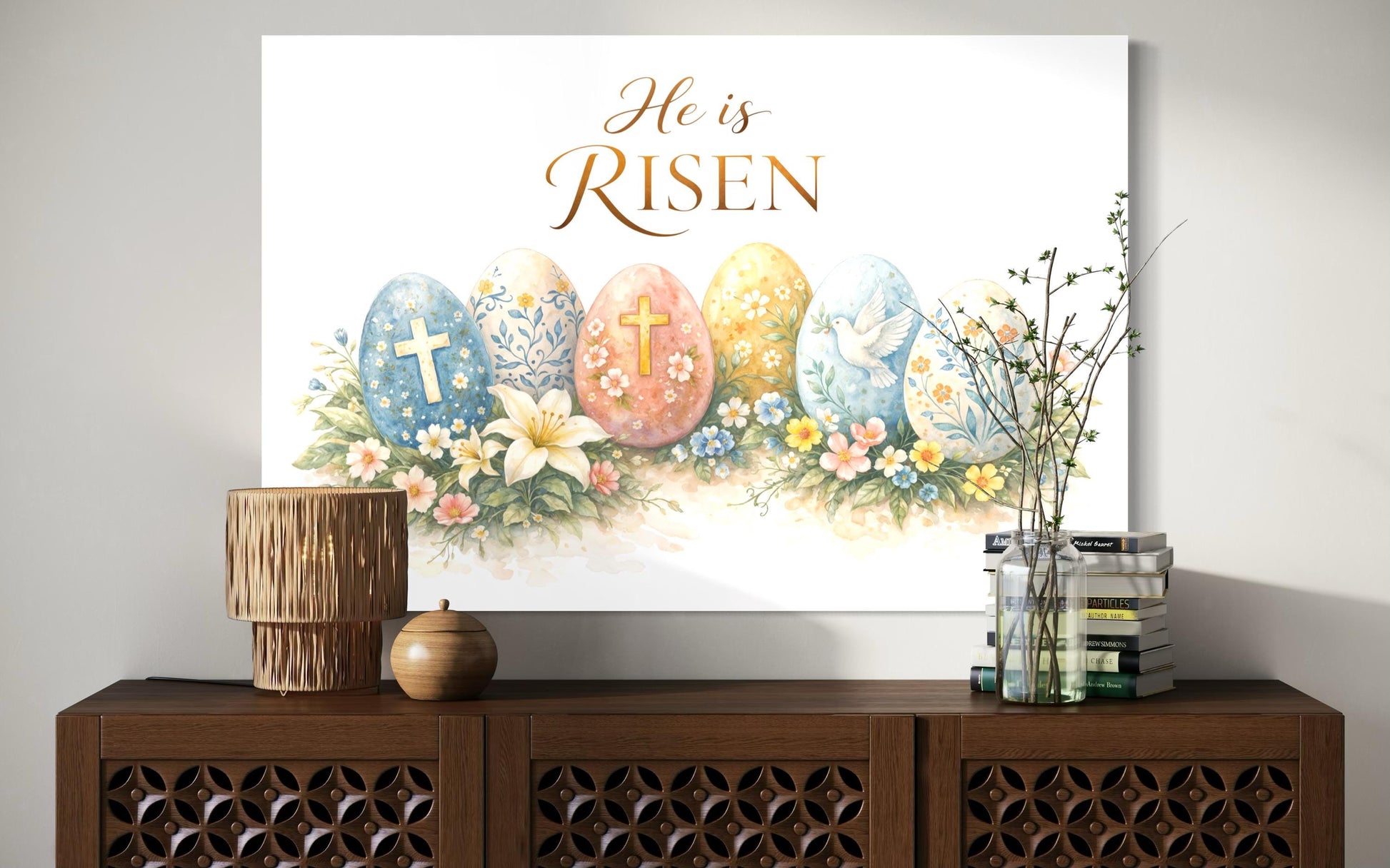 He Is Risen Wall Art – Christian Canvas Print with Cross and Floral Easter Decor