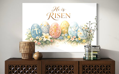 He Is Risen Wall Art – Christian Canvas Print with Cross and Floral Easter Decor