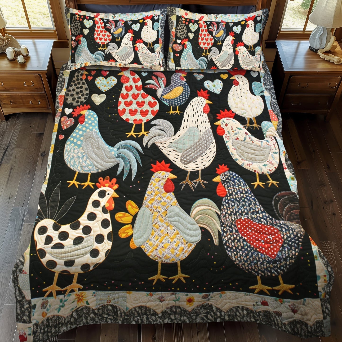 Heart Chickens 3-Piece Quilted Bedding Set - Single (59" x 70")