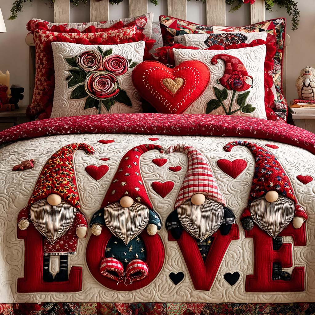 Heartfelt Gnome Hug 3-Piece Quilted Bedding Set - Single (59" x 70")