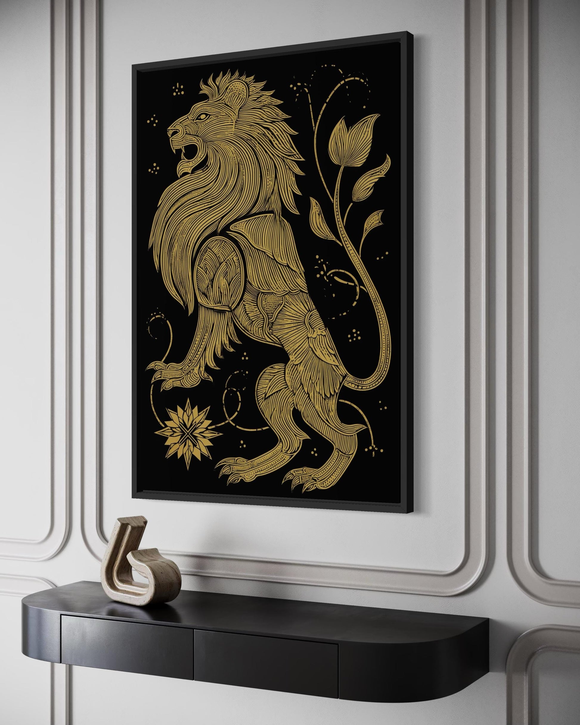 Heraldic Lion Wall Art – Black Gold Lion Canvas Print | Regal Man Cave Decor