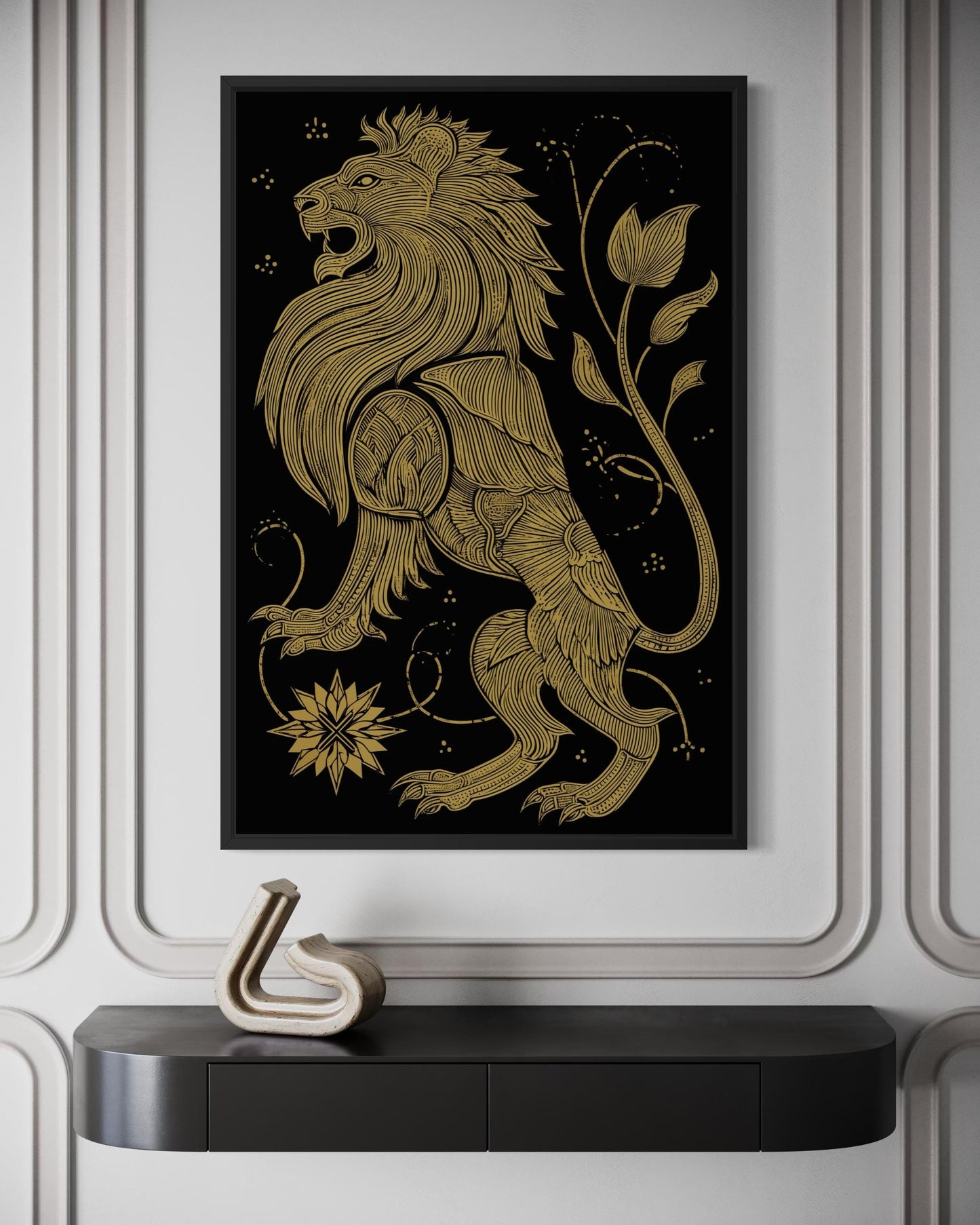 Heraldic Lion Wall Art – Black Gold Lion Canvas Print | Regal Man Cave Decor
