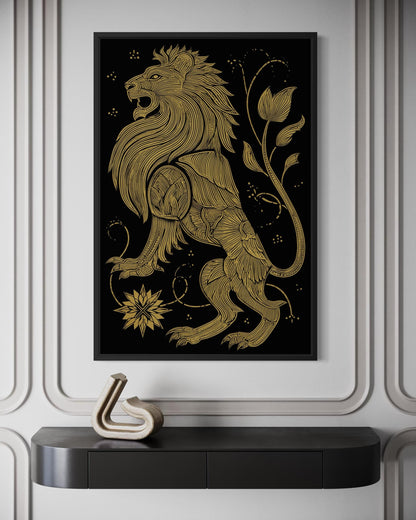 Heraldic Lion Wall Art – Black Gold Lion Canvas Print | Regal Man Cave Decor