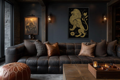 Heraldic Lion Wall Art – Black Gold Lion Canvas Print | Regal Man Cave Decor