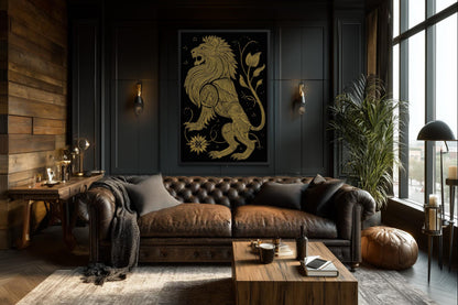 Heraldic Lion Wall Art – Black Gold Lion Canvas Print | Regal Man Cave Decor