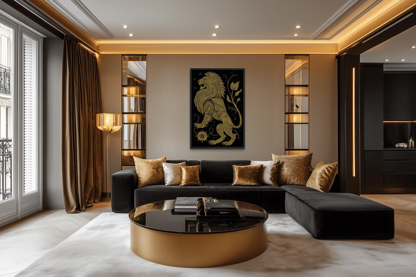 Heraldic Lion Wall Art – Black Gold Lion Canvas Print | Regal Man Cave Decor