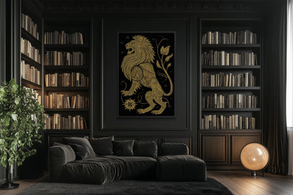 Heraldic Lion Wall Art – Black Gold Lion Canvas Print | Regal Man Cave Decor