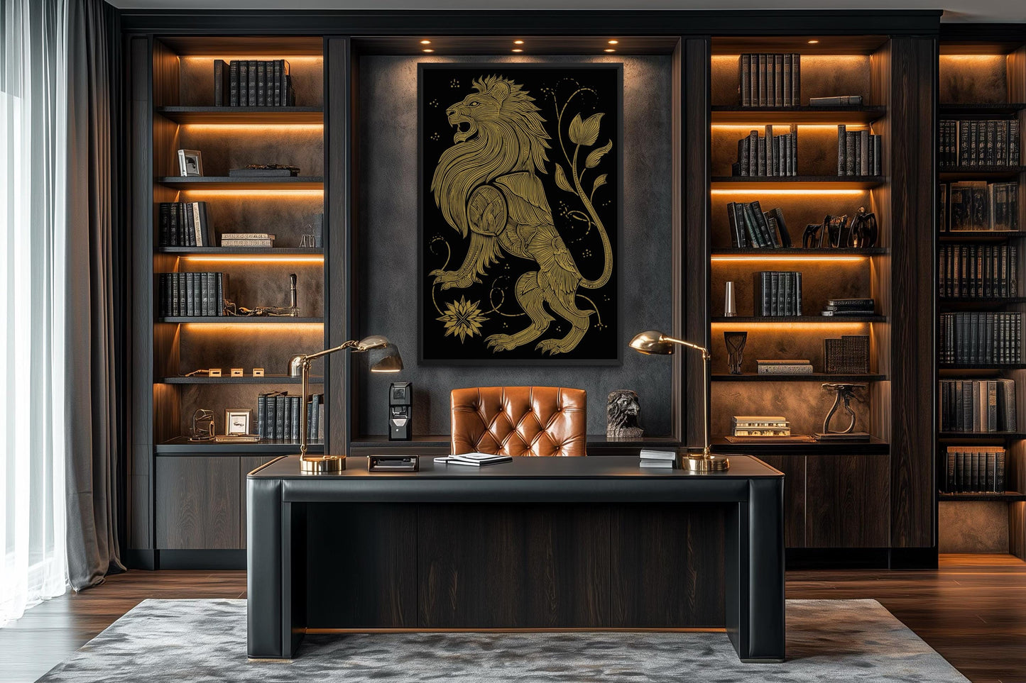 Heraldic Lion Wall Art – Black Gold Lion Canvas Print | Regal Man Cave Decor