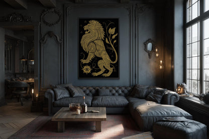 Heraldic Lion Wall Art – Black Gold Lion Canvas Print | Regal Man Cave Decor