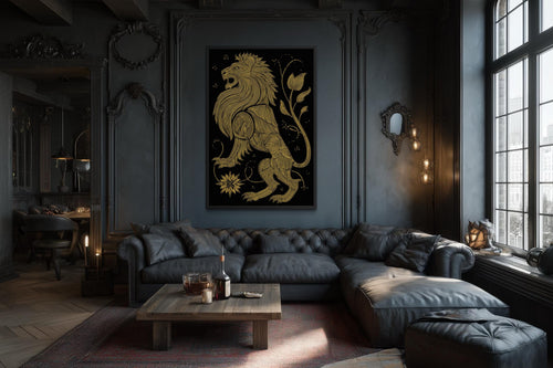 Heraldic Lion Wall Art – Black Gold Lion Canvas Print | Regal Man Cave Decor