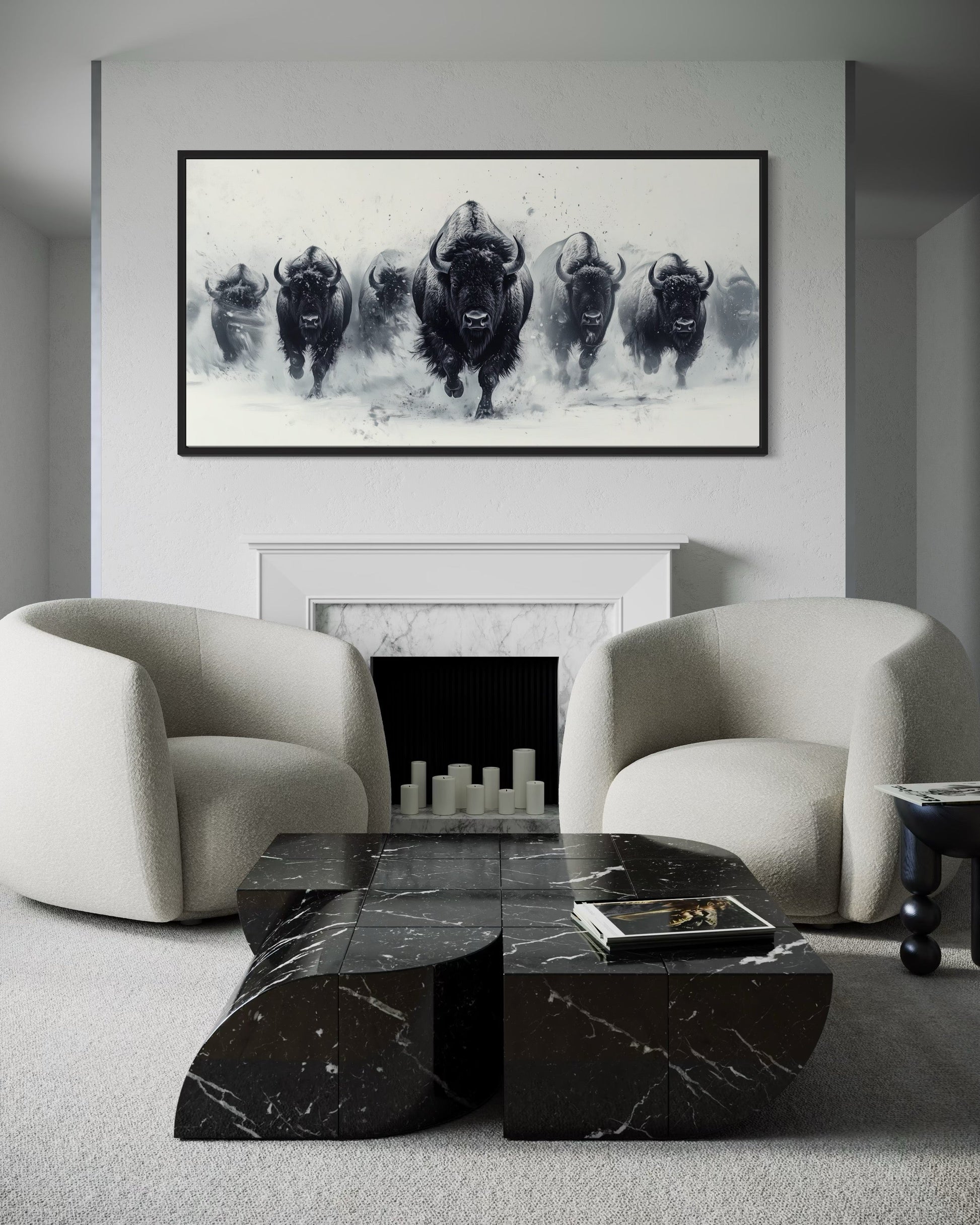 Herd Of Running Bison In Snow Black White Framed Canvas Wall Art