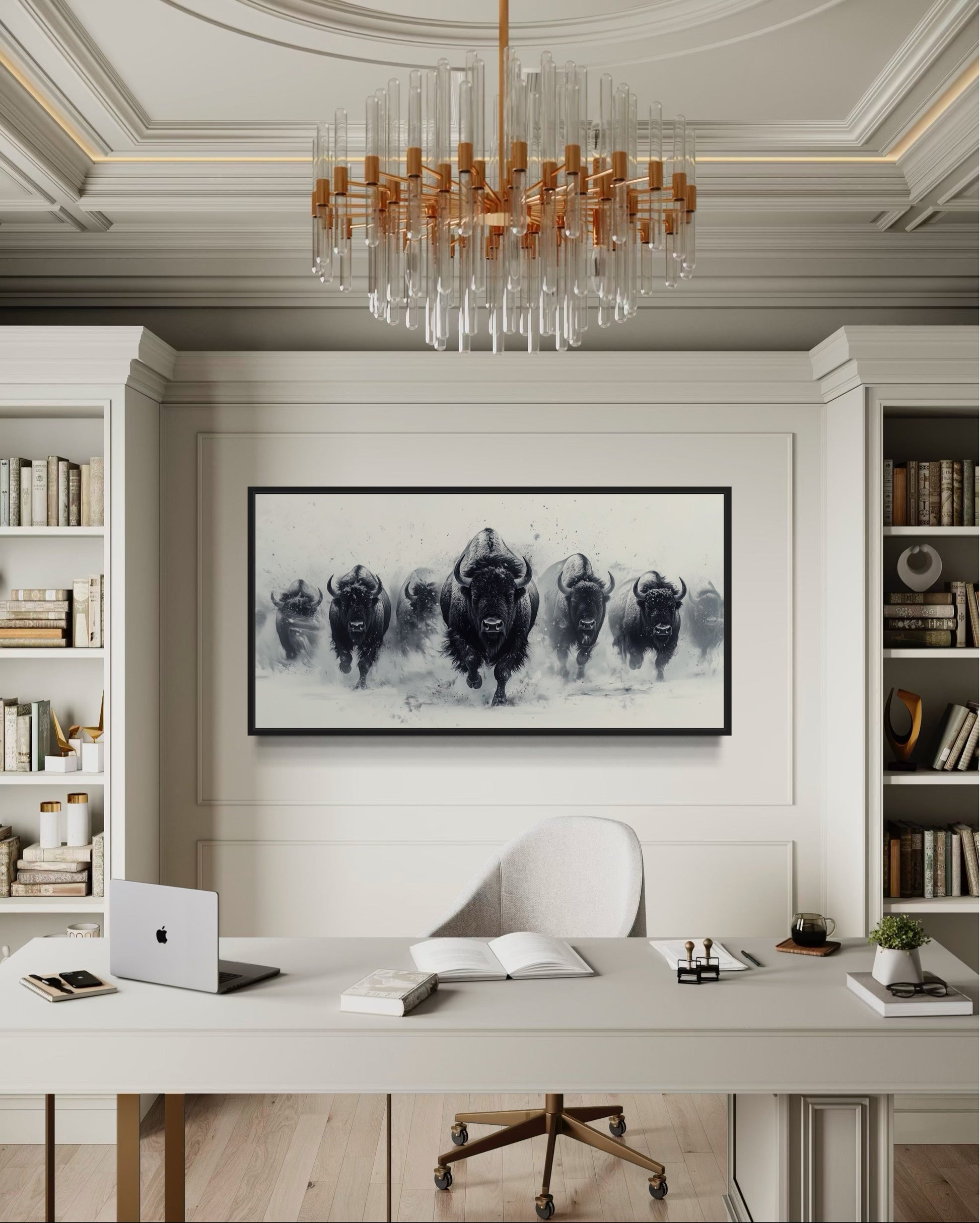 Herd Of Running Bison In Snow Black White Framed Canvas Wall Art