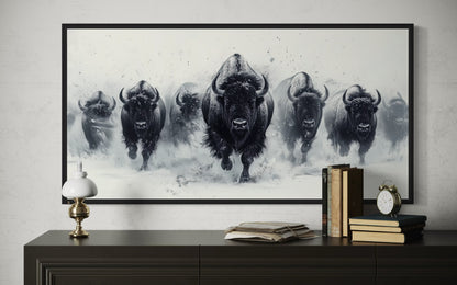 Herd Of Running Bison In Snow Black White Framed Canvas Wall Art