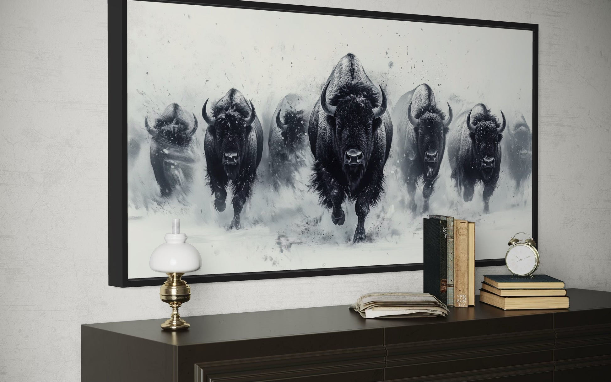 Herd Of Running Bison In Snow Black White Framed Canvas Wall Art