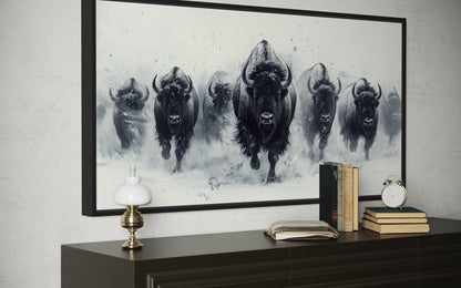 Herd Of Running Bison In Snow Black White Framed Canvas Wall Art