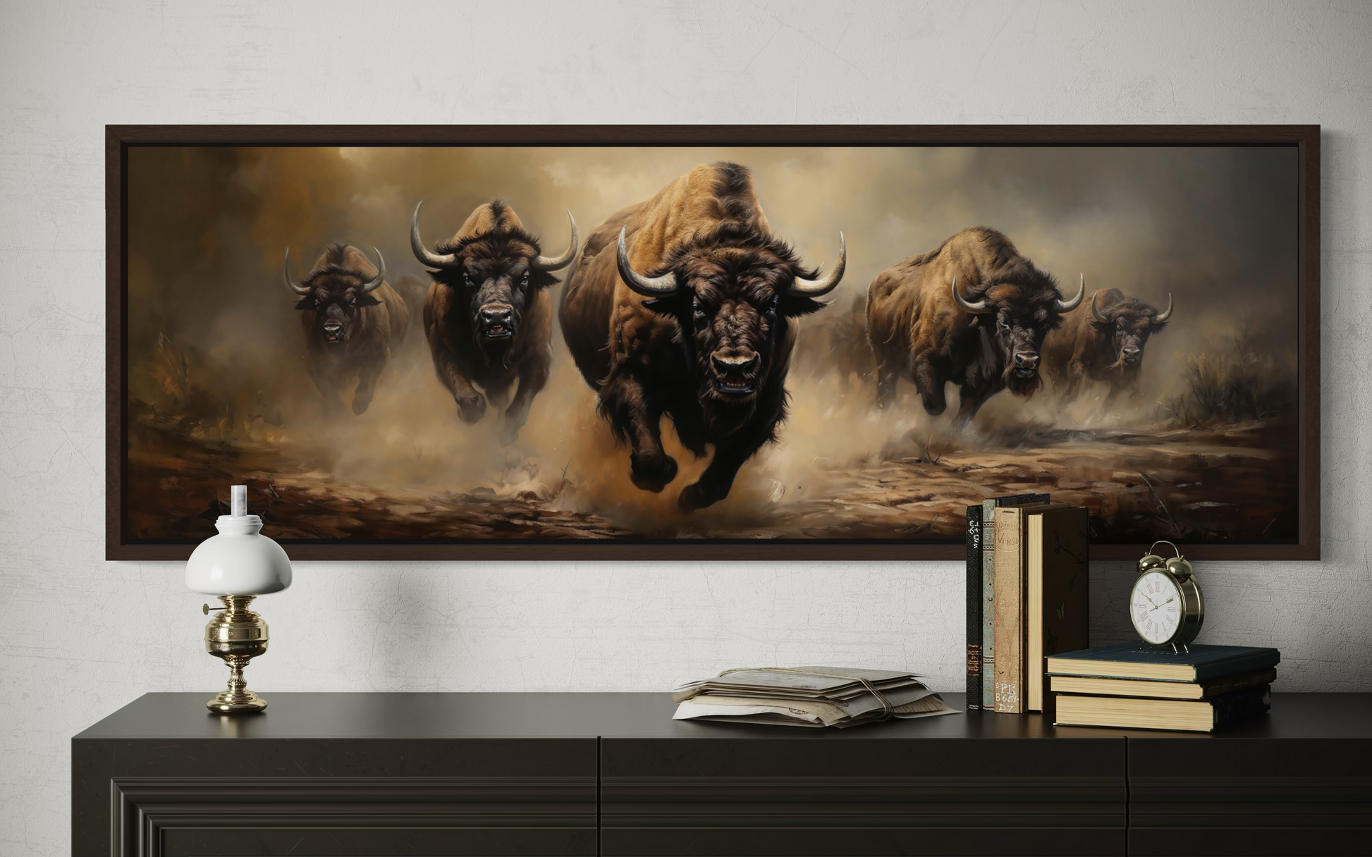 Herd of Running Bison Long Thin Horizontal Framed Canvas Wall Art For Mens Office