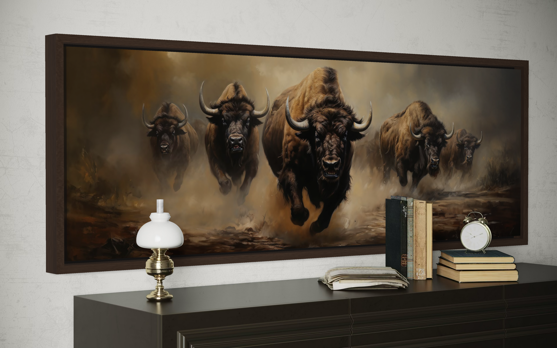 Herd of Running Bison Long Thin Horizontal Framed Canvas Wall Art For Mens Office