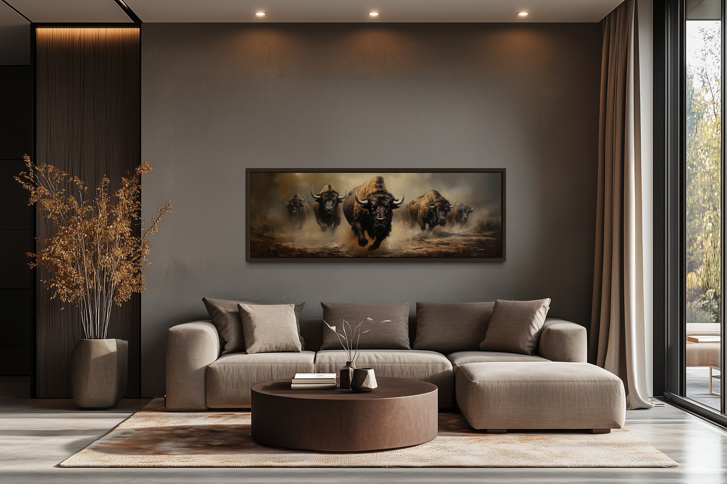 Herd of Running Bison Long Thin Horizontal Framed Canvas Wall Art For Mens Office