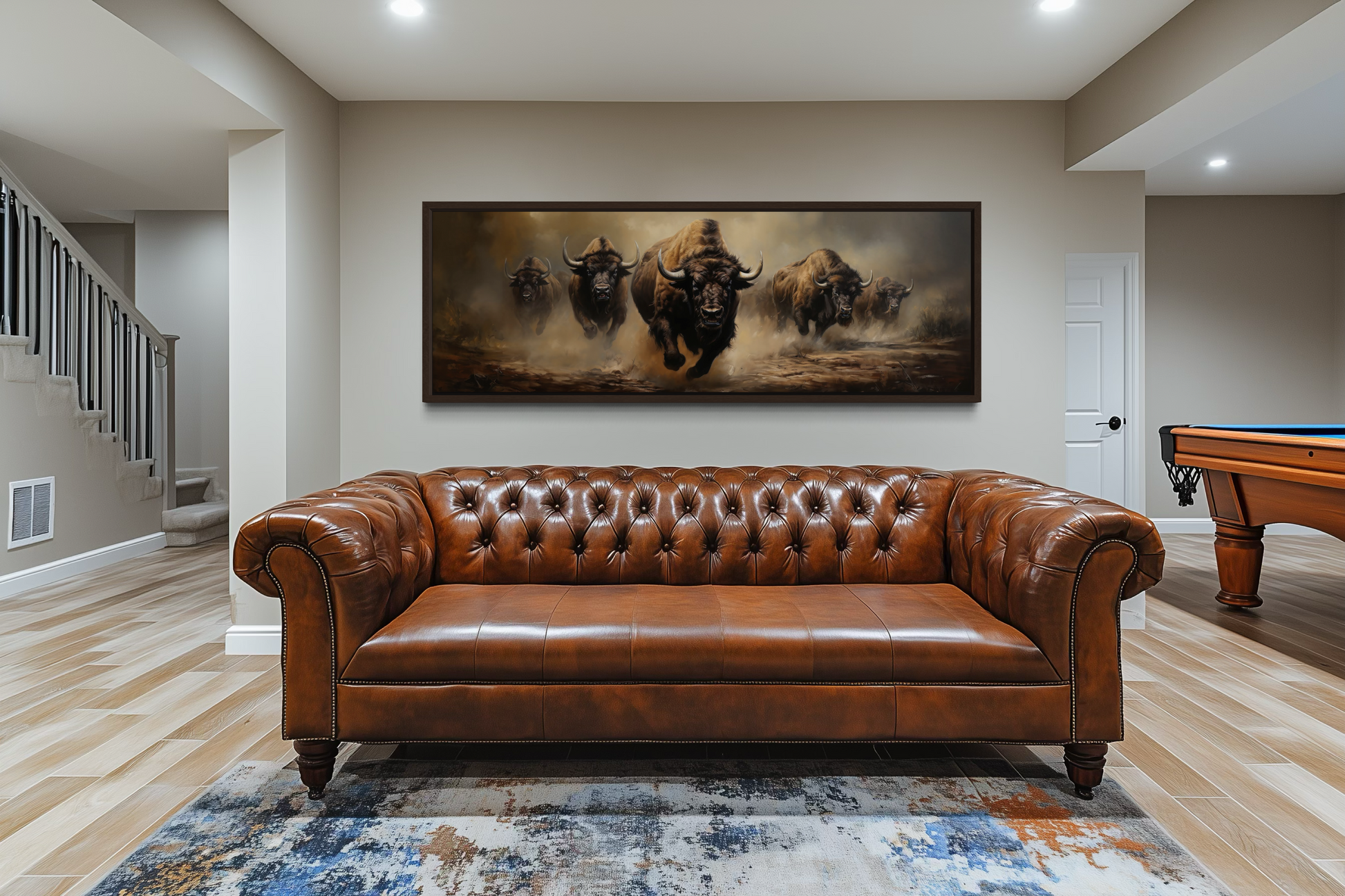 Herd of Running Bison Long Thin Horizontal Framed Canvas Wall Art For Mens Office