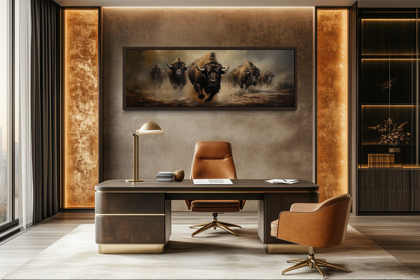 Herd of Running Bison Long Thin Horizontal Framed Canvas Wall Art For Mens Office