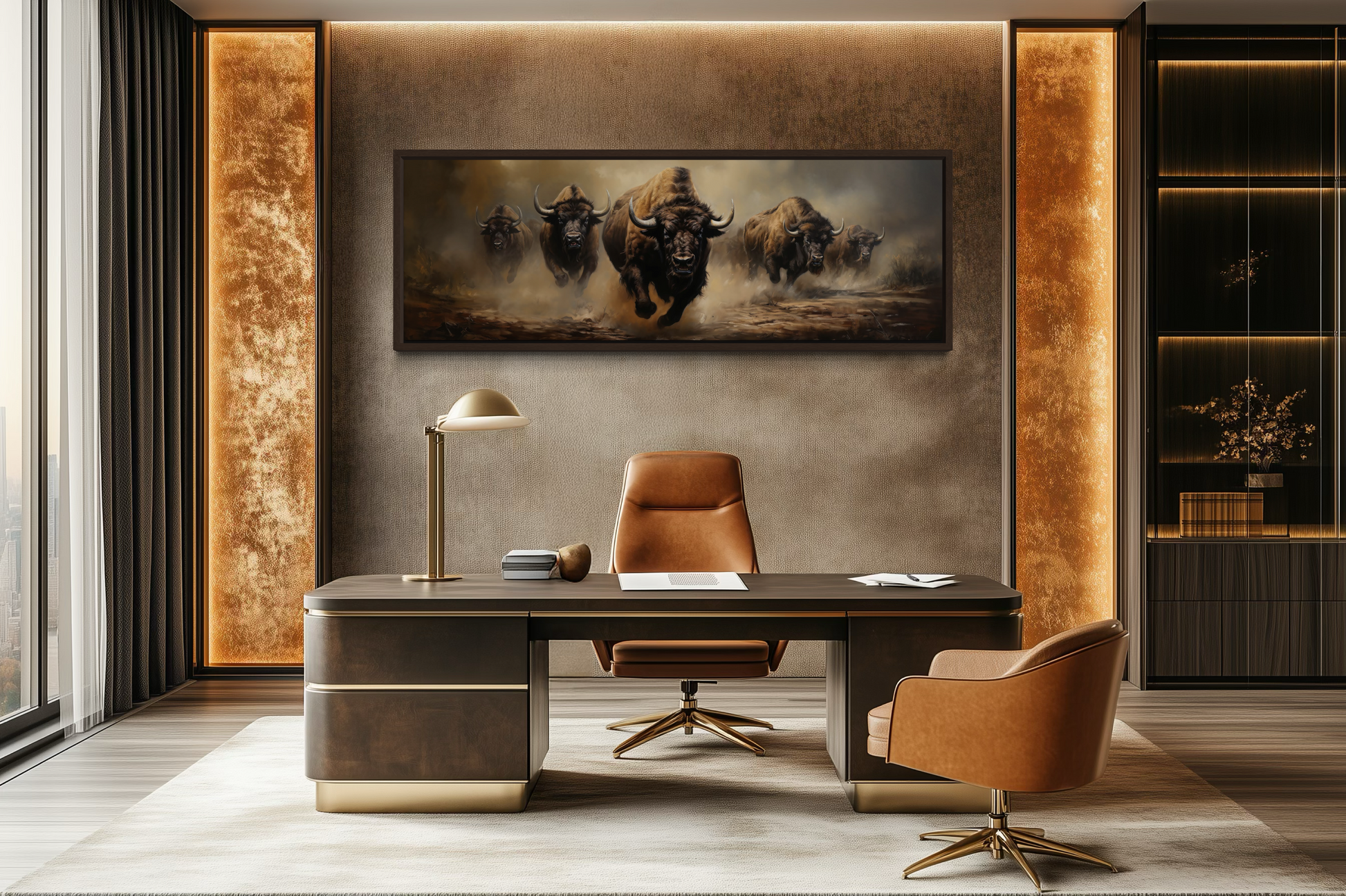 Herd of Running Bison Long Thin Horizontal Framed Canvas Wall Art For Mens Office