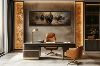 Herd of Running Bison Long Thin Horizontal Framed Canvas Wall Art For Mens Office