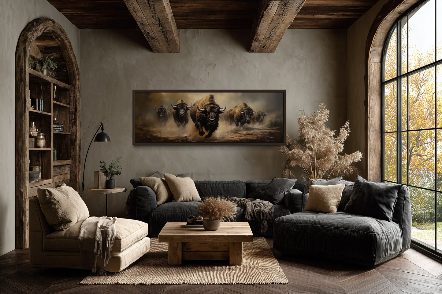 Herd of Running Bison Long Thin Horizontal Framed Canvas Wall Art For Mens Office