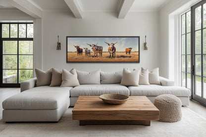 Herd of Texas Longhorn Cows Panoramic Framed Canvas Wall Art