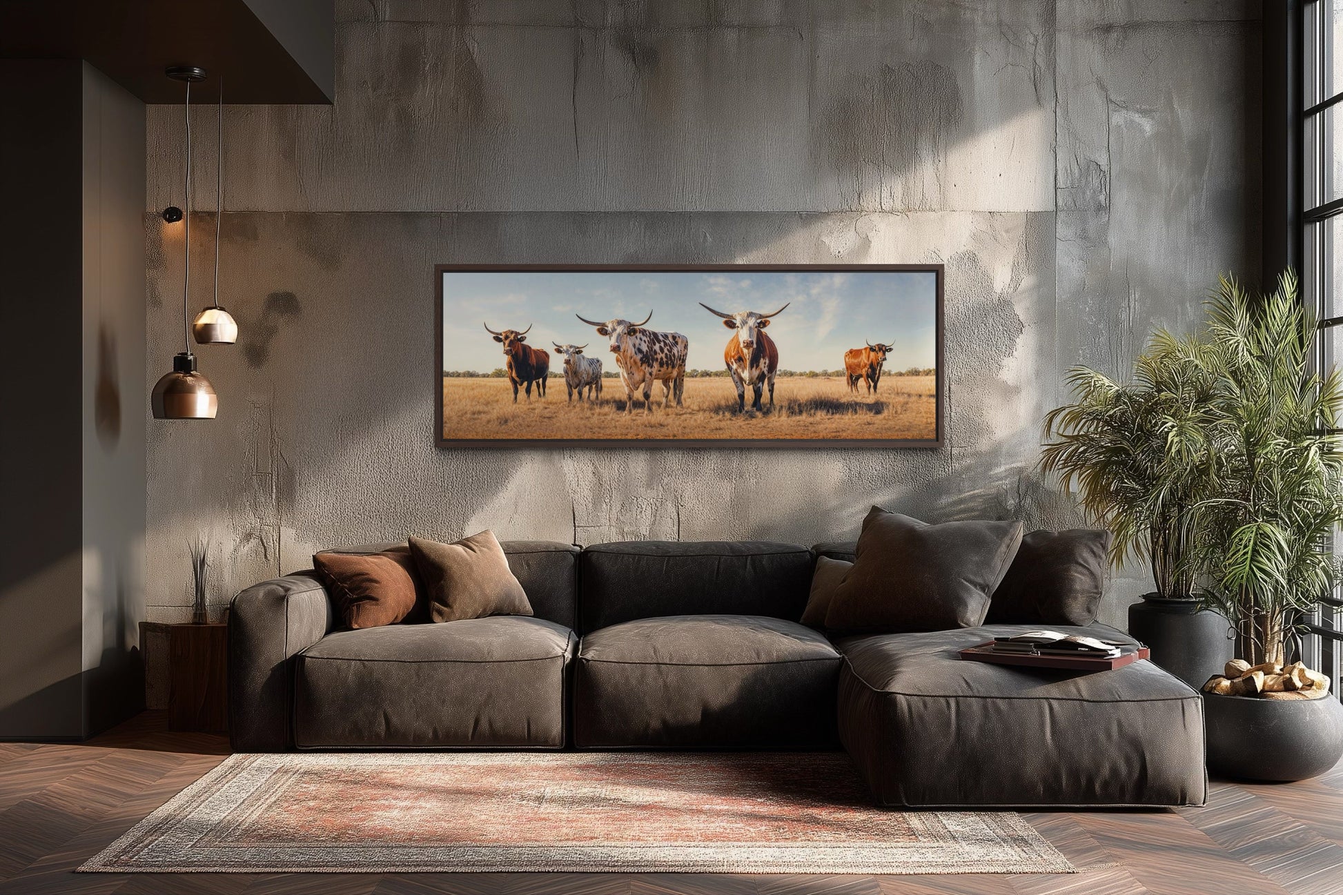 Herd of Texas Longhorn Cows Panoramic Framed Canvas Wall Art