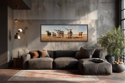 Herd of Texas Longhorn Cows Panoramic Framed Canvas Wall Art