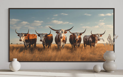 Herd of Texas Longhorns In The Field Framed Canvas Wall Art