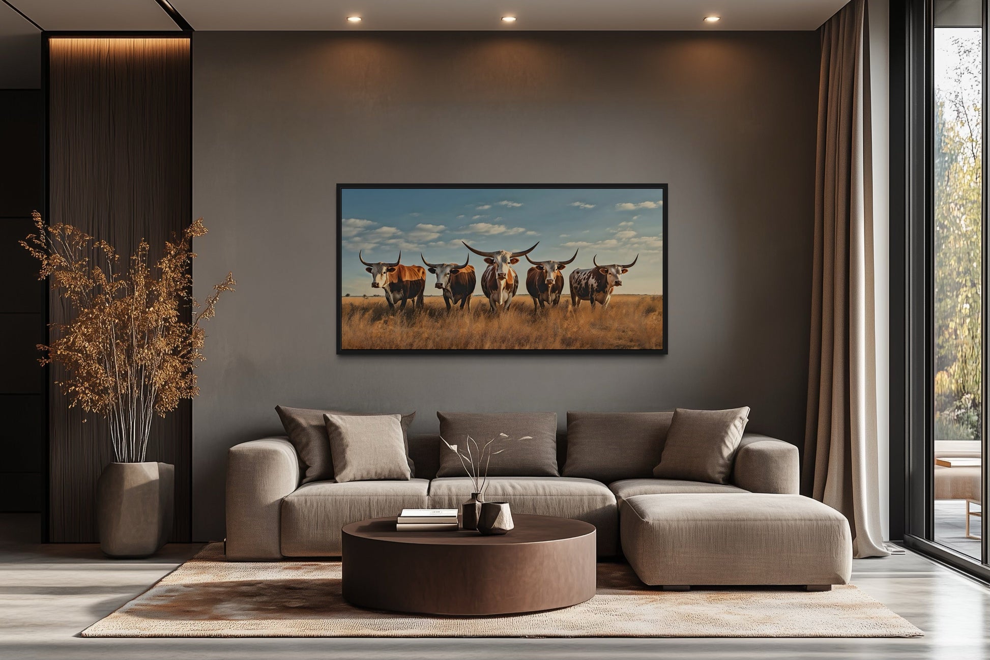 Herd of Texas Longhorns In The Field Framed Canvas Wall Art