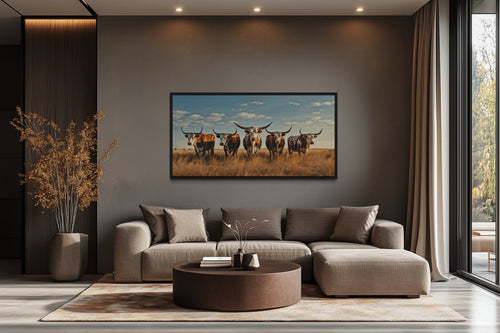 Herd of Texas Longhorns In The Field Framed Canvas Wall Art