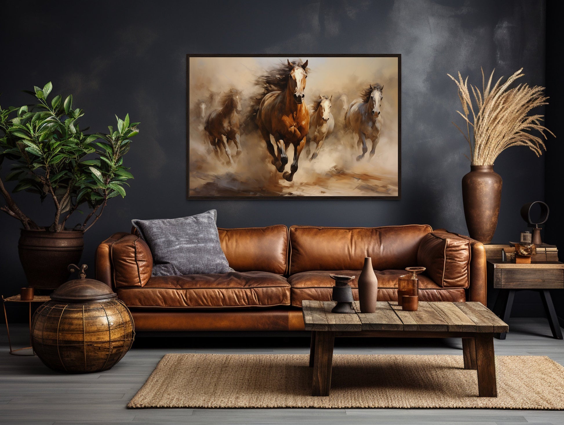 Herd of Wild Horses Galloping Framed Canvas Wall Art