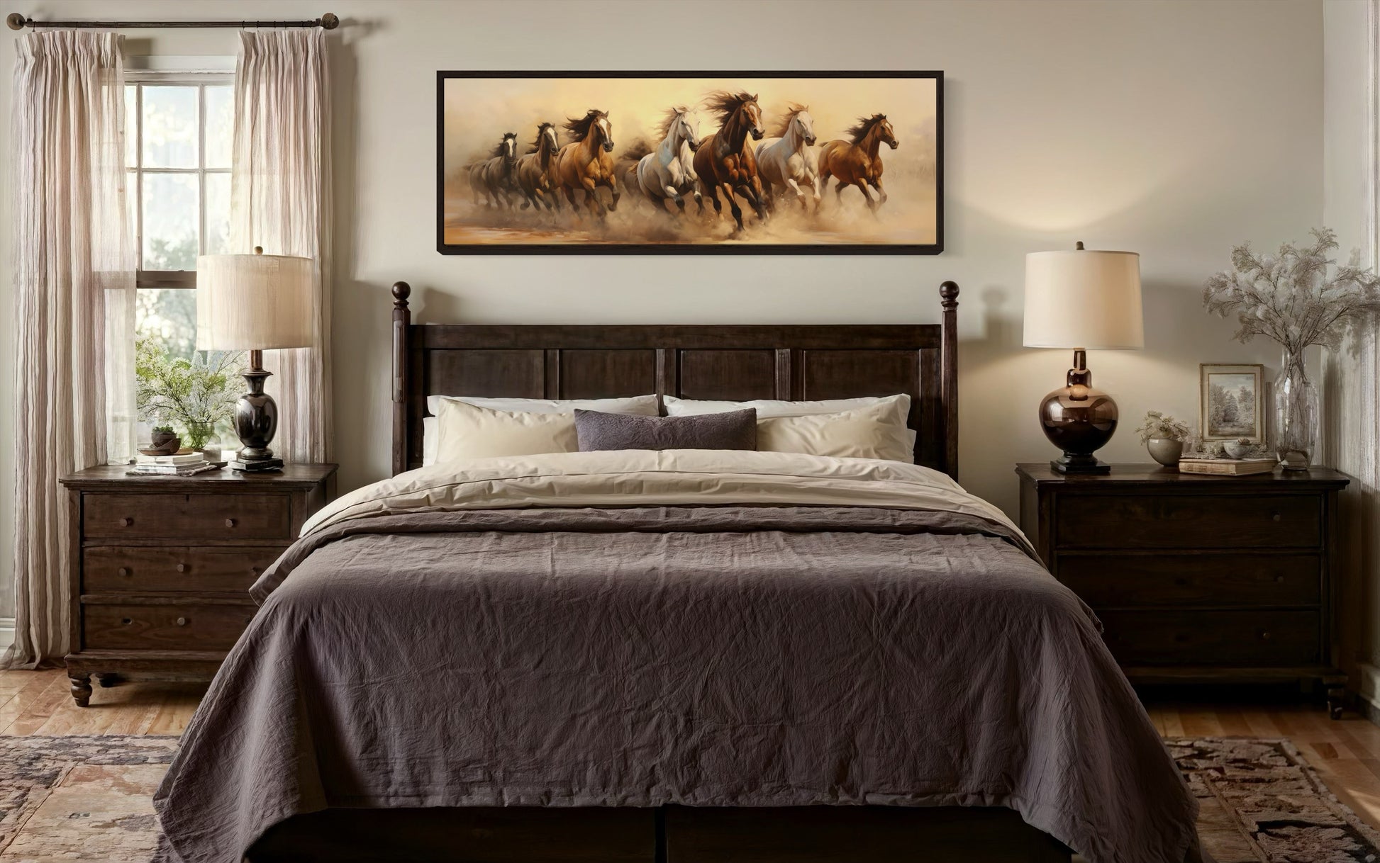 Herd of Wild Horses Running Panoramic Framed Canvas Wall Art