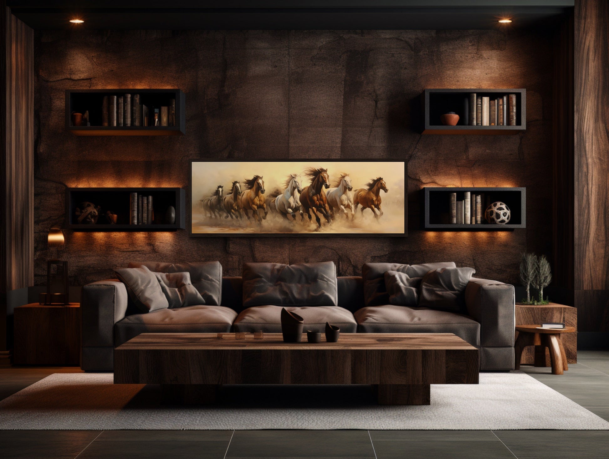 Herd of Wild Horses Running Panoramic Framed Canvas Wall Art