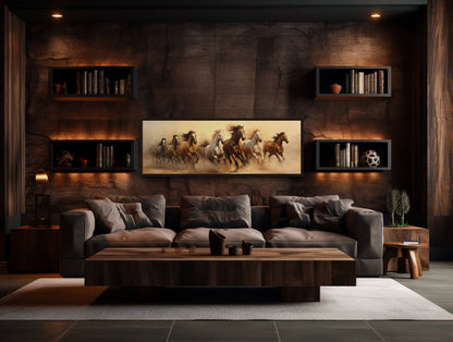 Herd of Wild Horses Running Panoramic Framed Canvas Wall Art