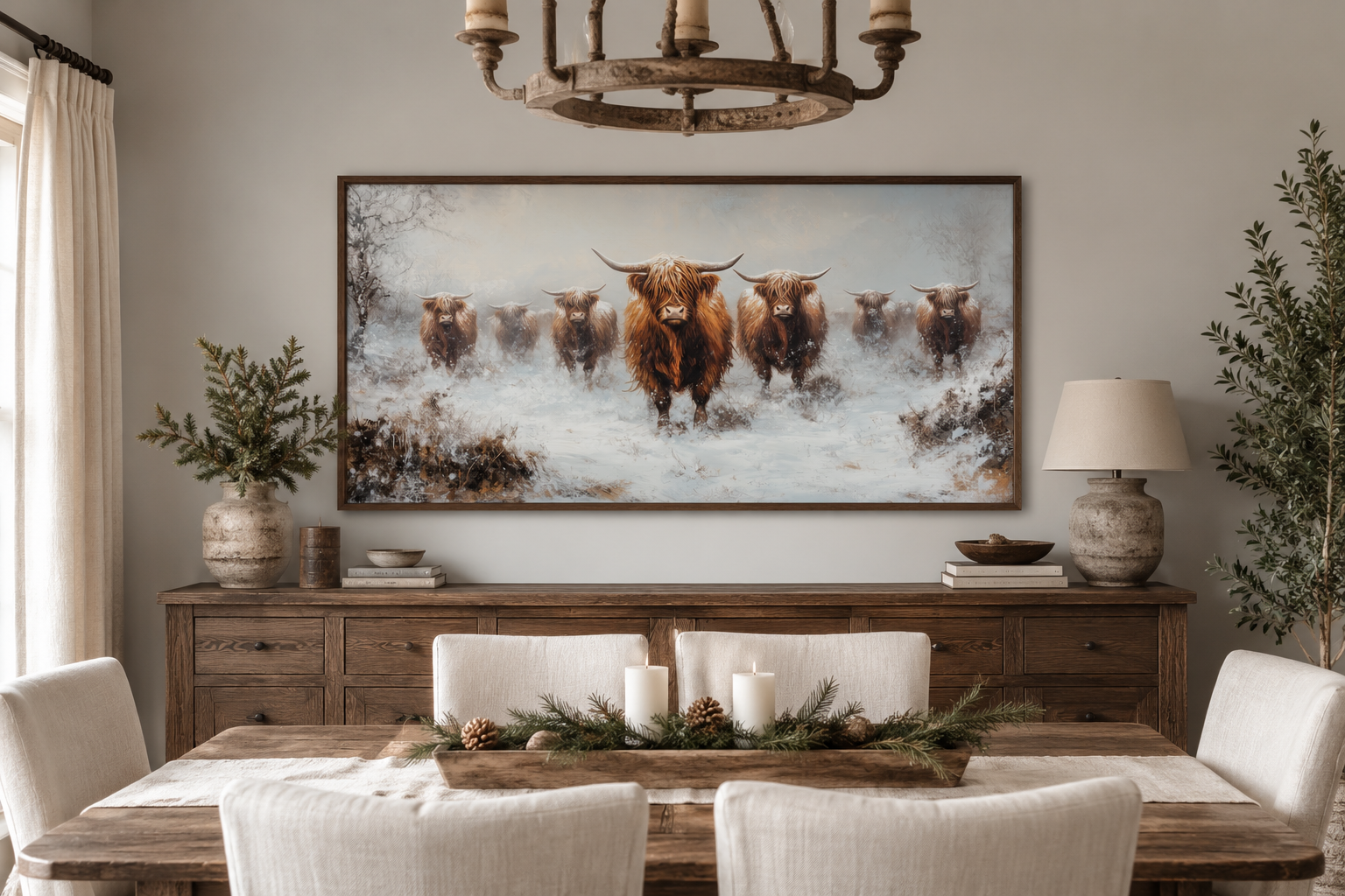 Herd Of Highland Cows In Snow Framed Canvas Wall Art