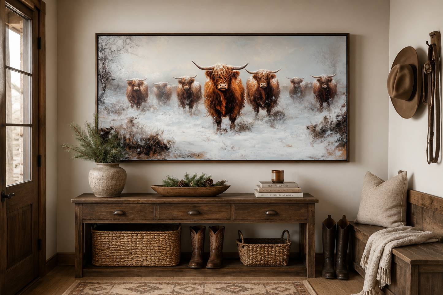 Herd Of Highland Cows In Snow Framed Canvas Wall Art