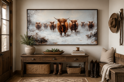 Herd Of Highland Cows In Snow Framed Canvas Wall Art